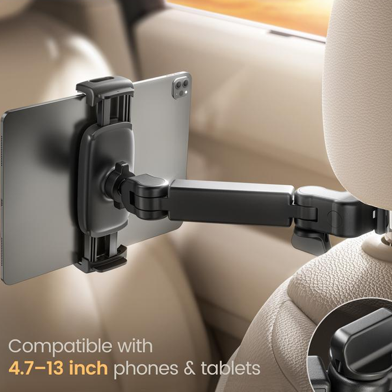 Arenzza adjustable car phone and tablet mount attached to a vehicle dashboard, holding a smartphone and tablet securely.