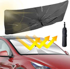 A foldable Arenzza car windshield sun shade umbrella blocking UV rays and heat from a car front window, providing heat insulation.