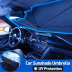 A foldable Arenzza car windshield sun shade umbrella blocking sunlight and UV from a front car window for heat insulation.