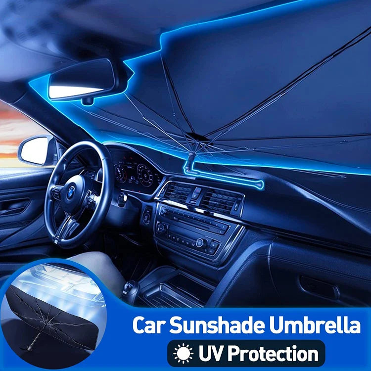 A foldable Arenzza car windshield sun shade umbrella blocking sunlight and UV from a front car window for heat insulation.