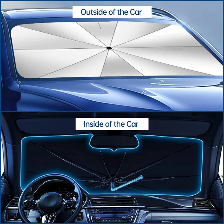 Arenzza foldable car windshield sunshade umbrella covering front window, UV protection and heat insulation for auto windshields.