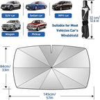 Foldable Arenzza car windshield sun shade umbrella blocking UV rays and heat, designed for auto front windows and heat insulation.