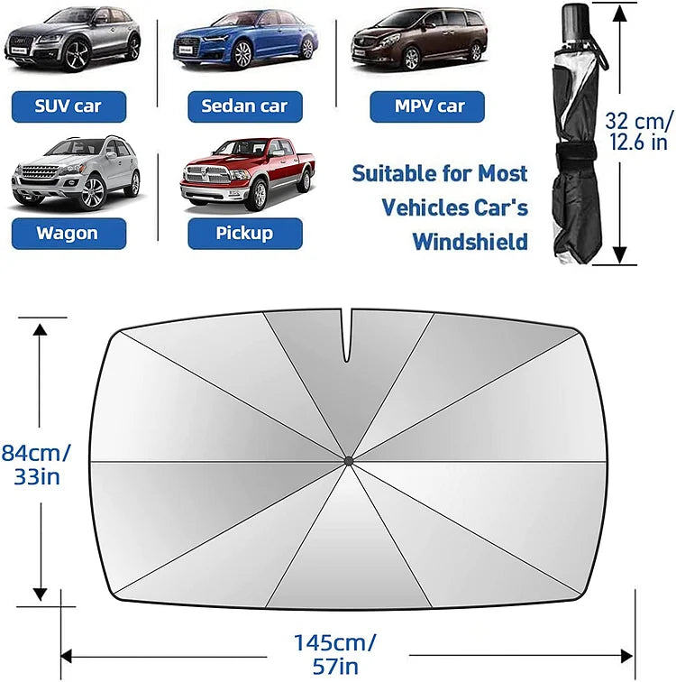 Foldable Arenzza car windshield sun shade umbrella blocking UV rays and heat, designed for auto front windows and heat insulation.