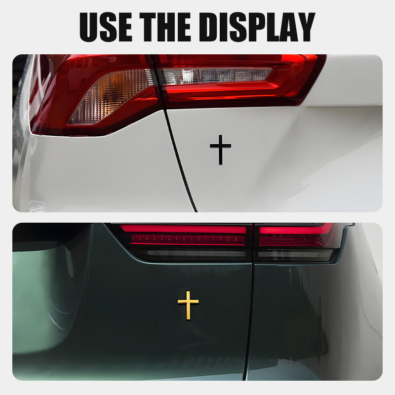 Arenzza Metal Jesus Christ cross badge sticker for cars, 3D self-adhesive cross scratch cover accessory on a vehicle.