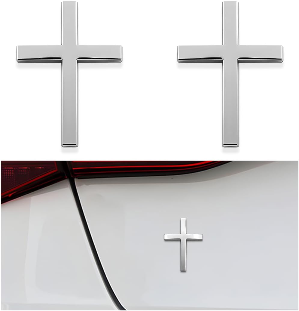 Aarenza Metal Jesus Christ cross badge sticker, 3D self-adhesive car scratch cover accessory on a vehicle surface.