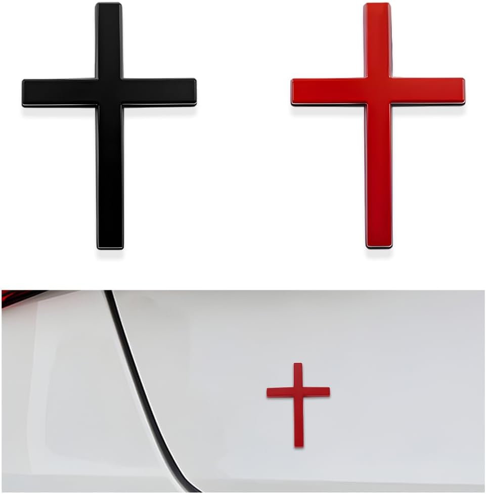 Arenzza metal Jesus Christ cross badge sticker, 3D self-adhesive car scratch cover accessory on a vehicle surface.