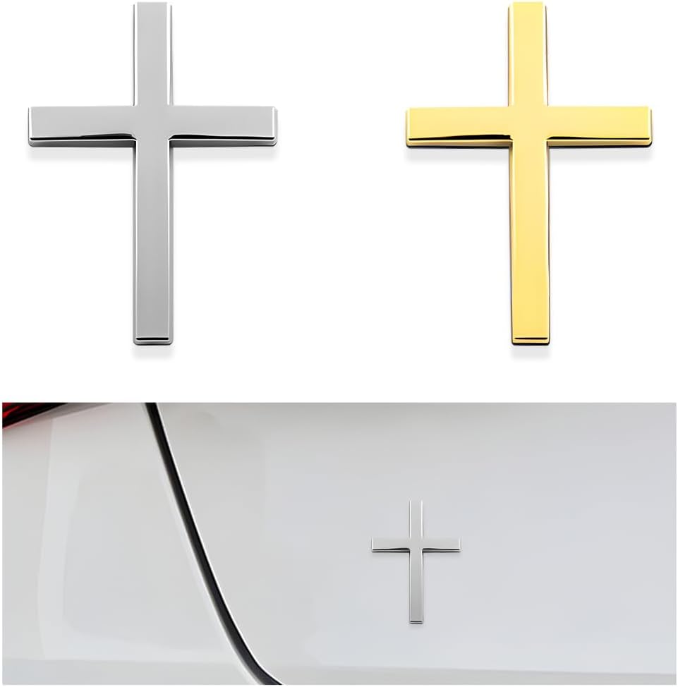 Aarenza Metal Jesus Christ cross badge sticker for cars, 3D self-adhesive cross scratch cover accessory in silver finish.