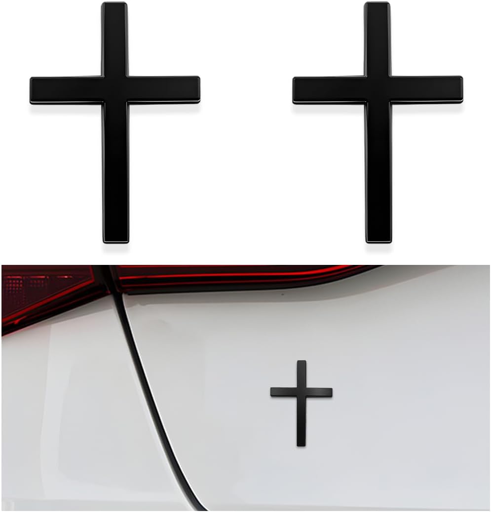 Aarenza Metal Jesus Christ cross badge sticker, 3D self-adhesive car scratch cover accessory on a car surface.