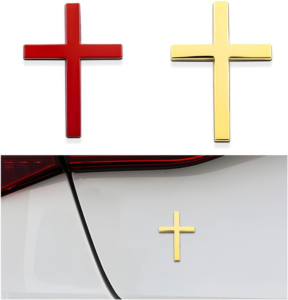 Arenzza Metal Jesus Christ cross badge sticker, 3D self-adhesive car scratch cover, displayed on a vehicle surface.