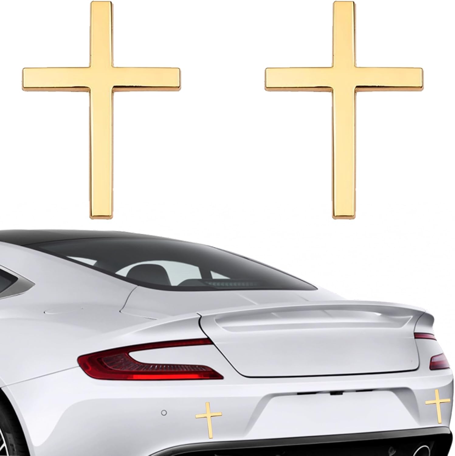 Aarenzza metal Jesus Christ cross badge sticker, 3D self-adhesive car scratch cover accessory with metallic finish on a vehicle.