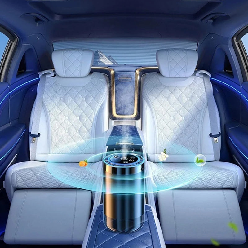 Arenzza Smart Car Diffuser set with light and spray modes, showing the diffuser device with illuminated features inside a vehicle.