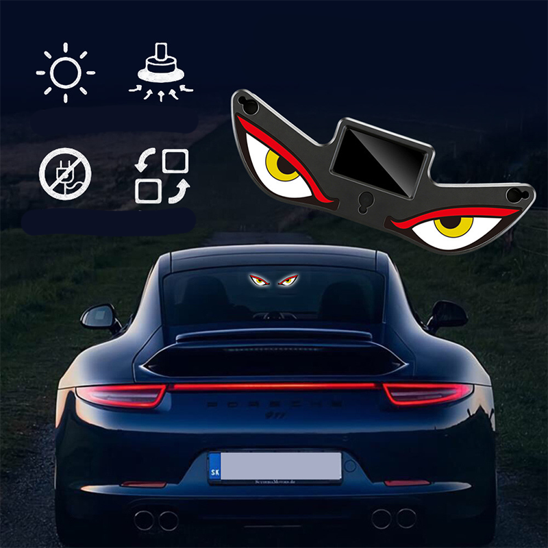 Arenzza Solar Devil's Eye LED car warning light with four modes, waterproof design, solar powered, placed on a vehicle.