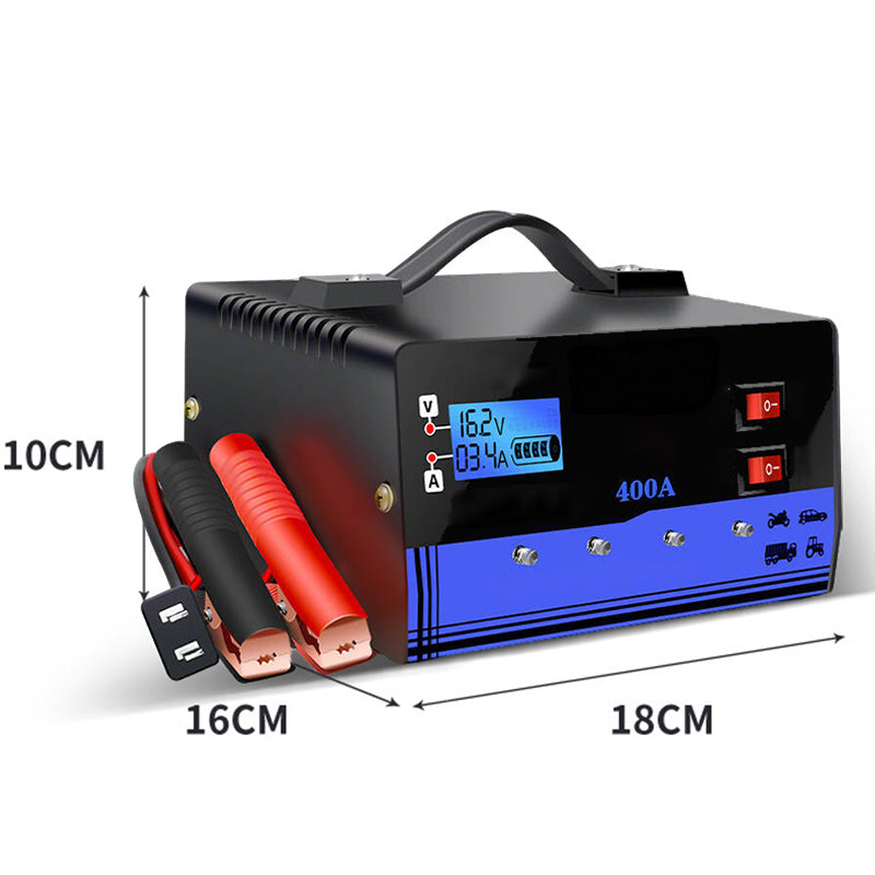Arenzza 12V/24V Smart Car Battery Charger with Pulse Repair for vehicle batteries, featuring digital display and compact design.