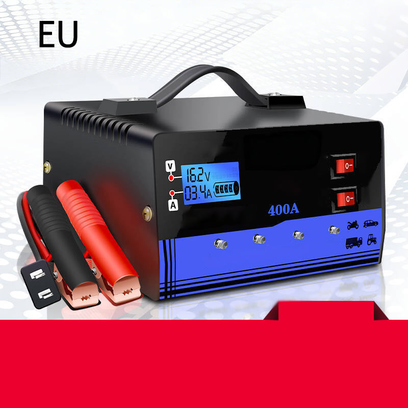 Arenzza 12V/24V Smart Car Battery Charger with Pulse Repair connected to a car battery for charging and maintenance.