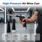 Arenzza high-pressure pneumatic air cleaning gun for car accessories, with a black and silver grip and attached nozzle for cleaning.