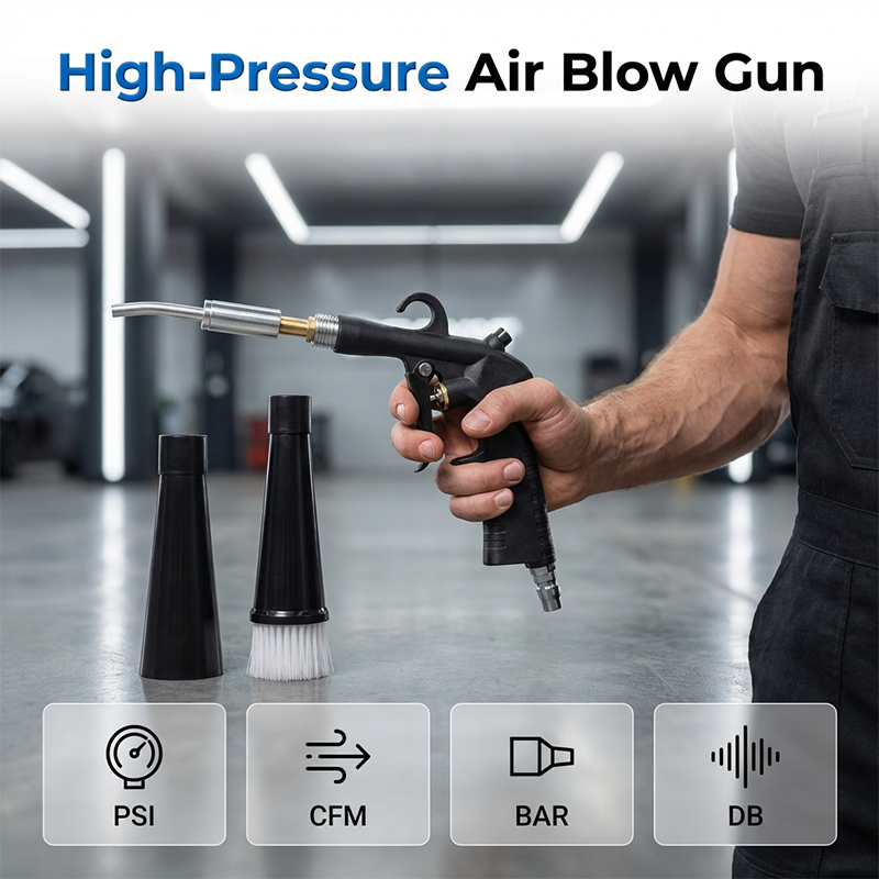 Arenzza high-pressure pneumatic air cleaning gun for car accessories, with a black and silver grip and attached nozzle for cleaning.