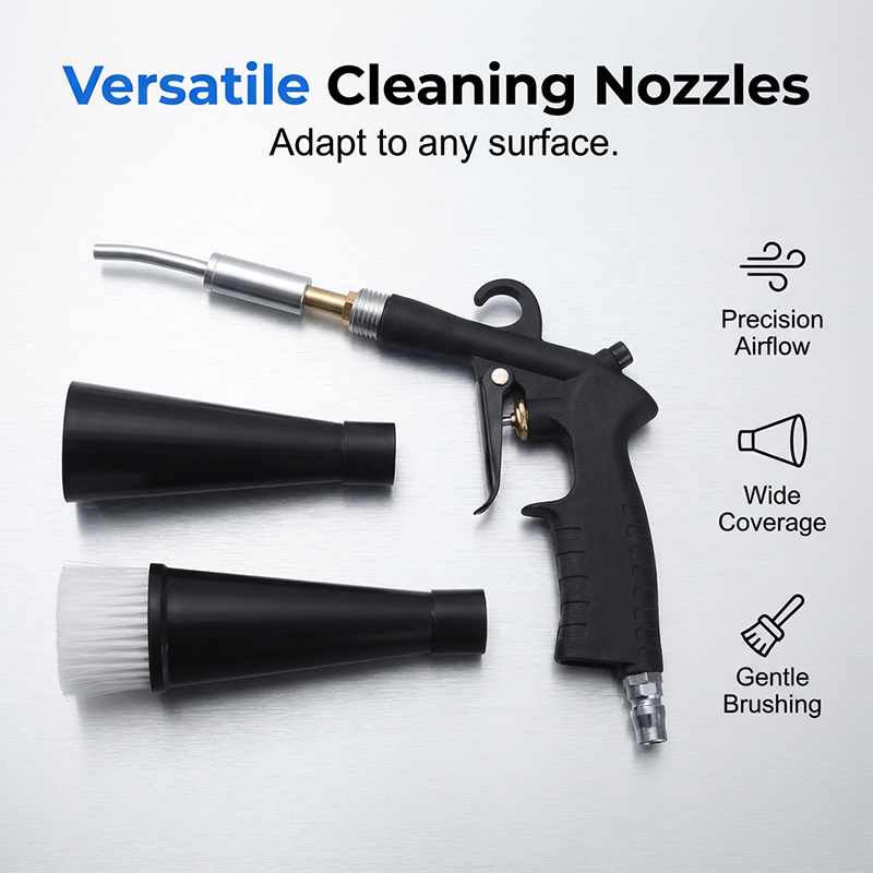 Arenzza high-pressure pneumatic air cleaning gun attached to a car, used for blowing dust and debris off vehicle surfaces.