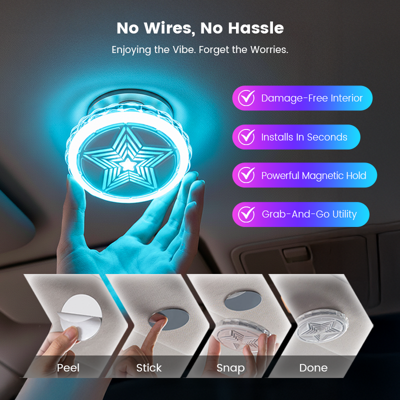 Arenzza magnetic rechargeable car interior roof light with multiple lighting modes mounted inside a vehicle.