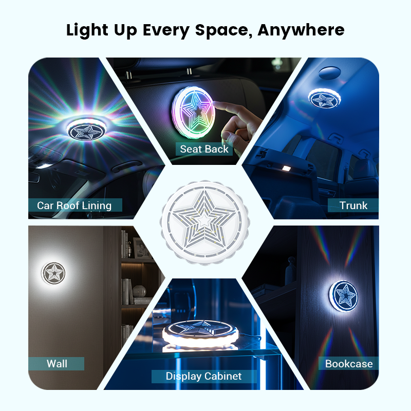 Aarenza magnetic rechargeable car interior roof light with multiple lighting modes installed on a vehicle ceiling.