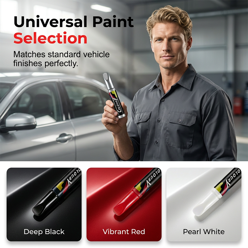 Arenzza car scratch repair touch-up paint pen for automotive scratches, shown with black and white paint options.