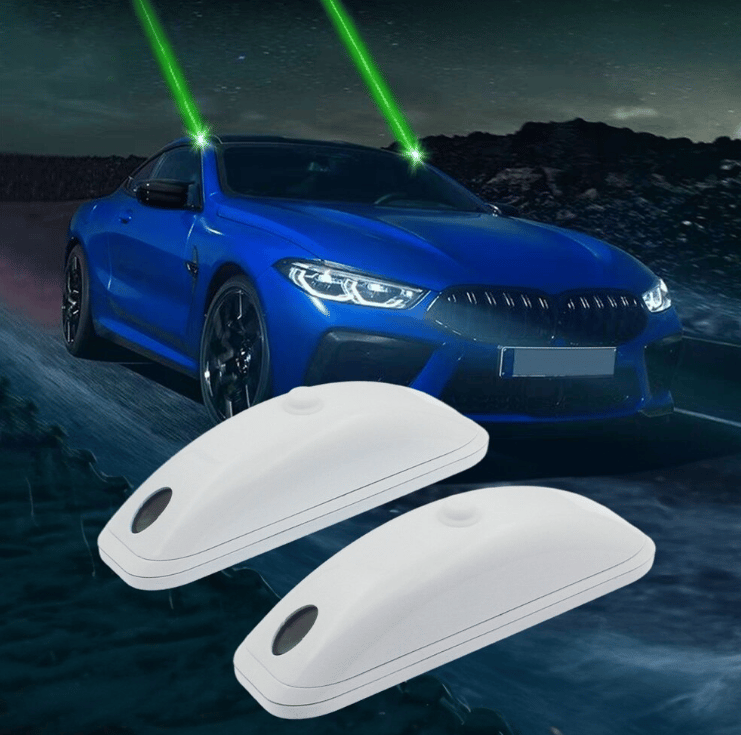 Arenzza Car Safety Warning Long-range Remote Pilot Laser Light illuminated on a vehicle showing its sleek design and laser beam feature.