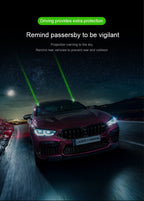 Arenzza Car Safety Warning Long-range Remote Pilot Laser Light installed on a vehicle, emitting a bright laser warning beam.
