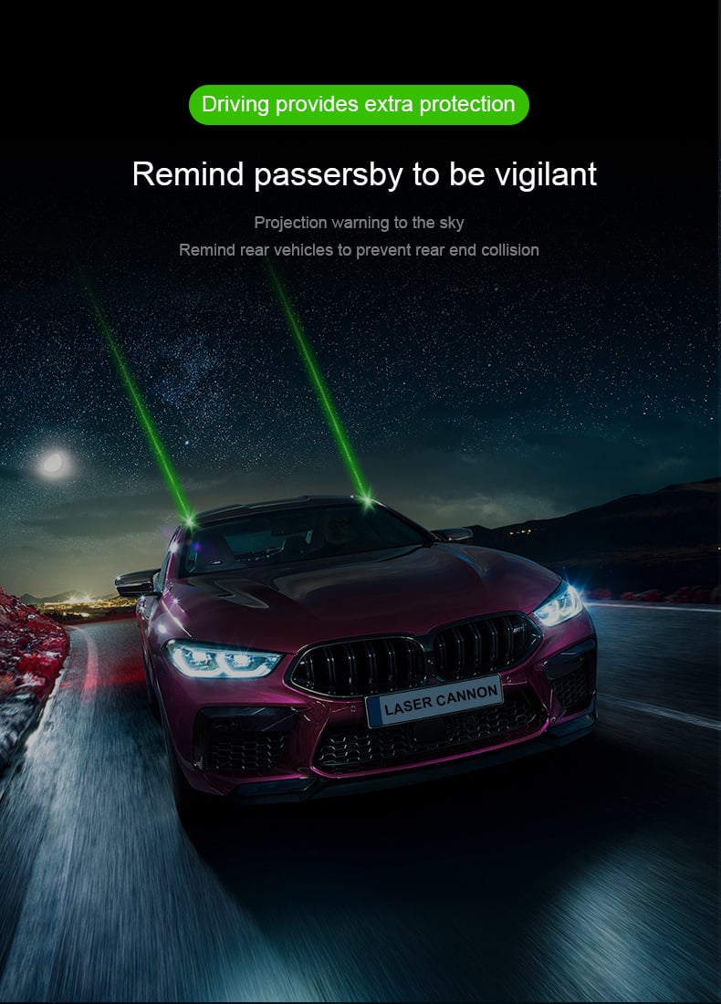 Arenzza Car Safety Warning Long-range Remote Pilot Laser Light installed on a vehicle, emitting a bright laser warning beam.
