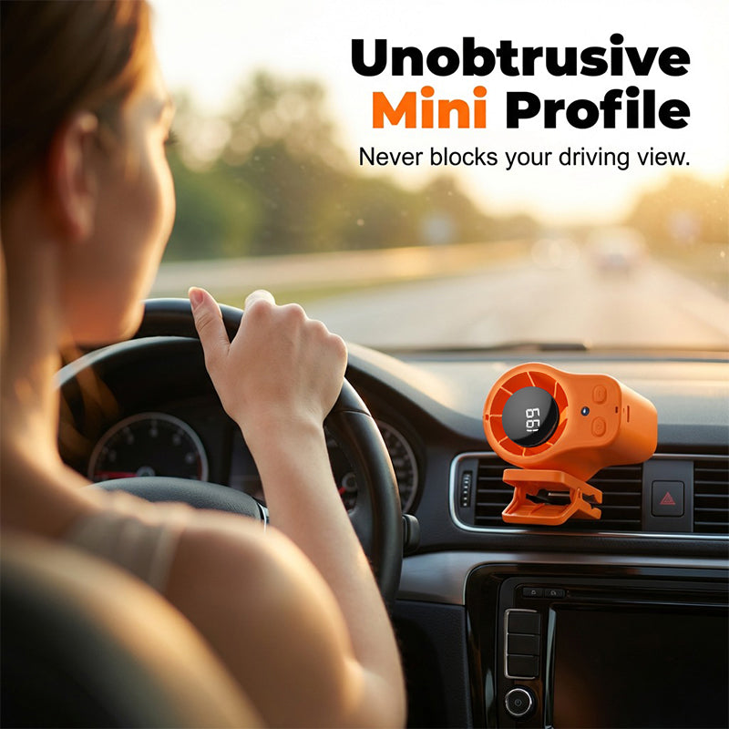 Arenzza hands-free personal cooling fan with LED display, designed as a car accessory, showing the fan's compact design and control panel.