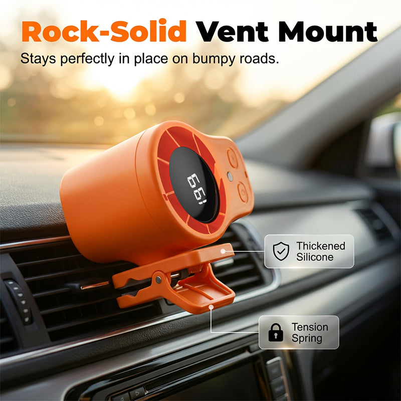 Arenzza hands-free personal cooling fan with LED display, car accessory, showing compact design and adjustable air vents.