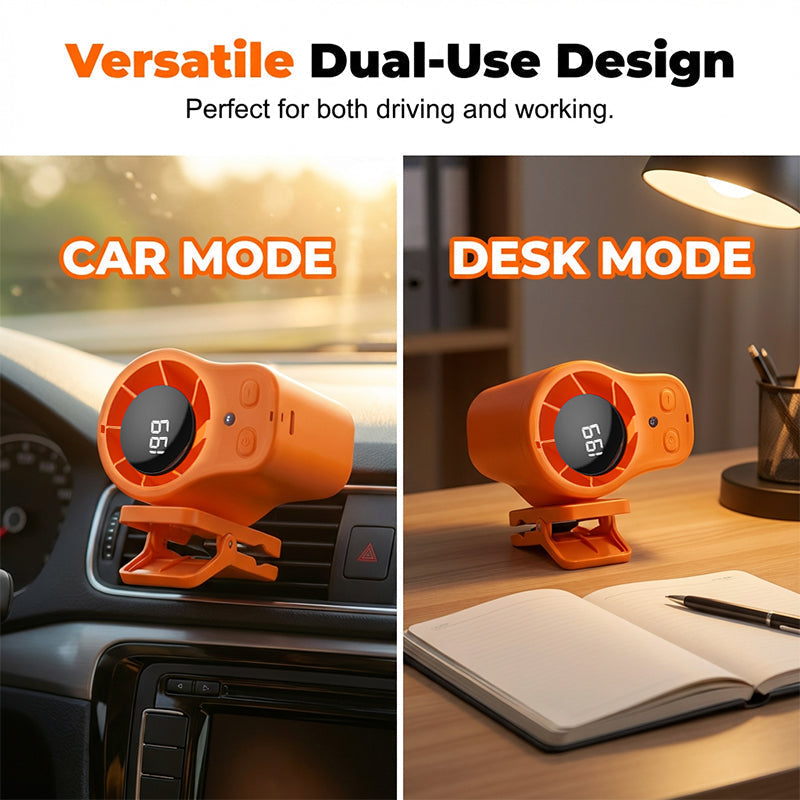 Arenzza hands-free personal cooling fan with LED display, a compact car accessory for staying cool on the go.