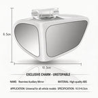 Arenzza dual-lens 360° adjustable blind spot mirror for cars showing the mirror with two lenses and mounting bracket.