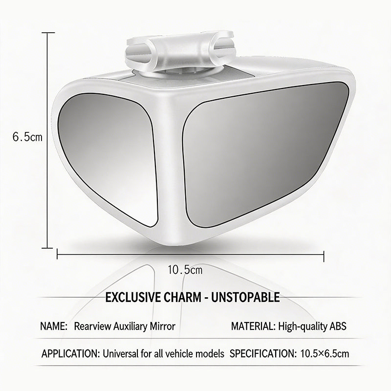 Arenzza dual-lens 360° adjustable blind spot mirror for cars showing the mirror with two lenses and mounting bracket.
