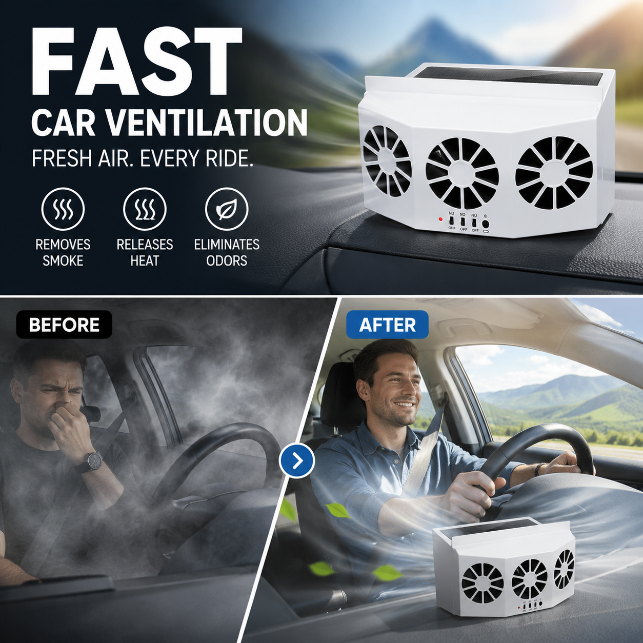 Arenzza solar car cooling artifact with air circulation exhaust fan installed inside a vehicle for enhanced cooling and airflow.