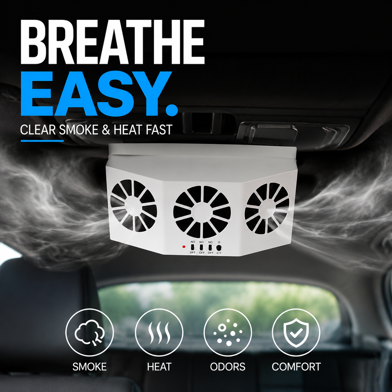 Arenzza solar car cooling artifact with air circulation exhaust fan installed inside a vehicle for improved airflow.
