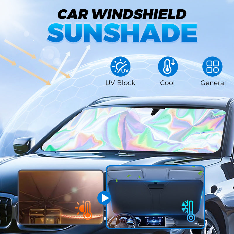 Arenzza foldable car sunshade blocking heat and UV rays, protecting interior and dashboard with a sleek, foldable design.