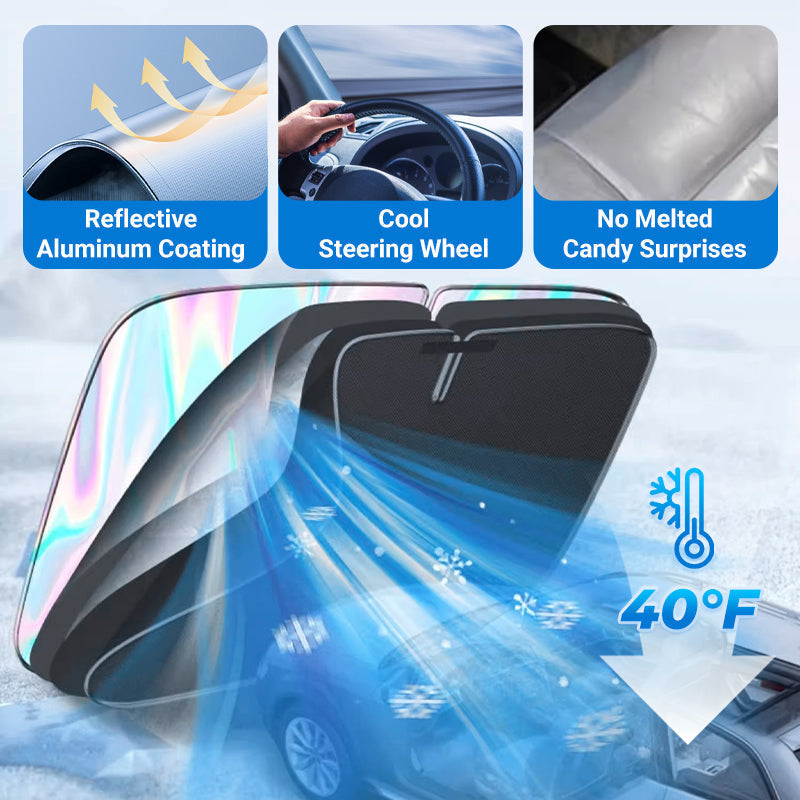 Arenzza foldable car sunshade blocking heat and UV rays, providing instant cool interior and dashboard protection.