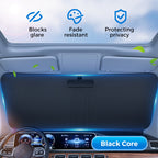 Arenzza foldable car sunshade blocking heat and UV rays, designed for dashboard and interior protection, shown partially folded.