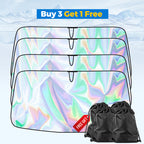 Arenzza foldable car dashboard sunshade with blocks 99% heat and UV rays, shown in a folded and unfolded position.