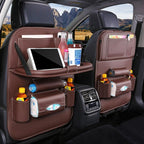 Arenzza car back seat leather organizer with foldable table, storage pockets, and sleek design for vehicle organization.