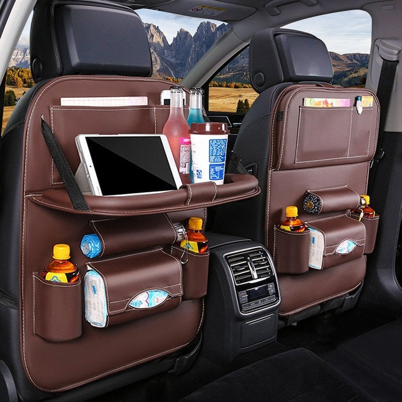 Arenzza car back seat leather organizer with foldable table, storage pockets, and sleek design for vehicle organization.