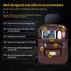 Arenzza car back seat leather organizer with foldable table, featuring multiple storage pockets and a sleek design for vehicle interior.