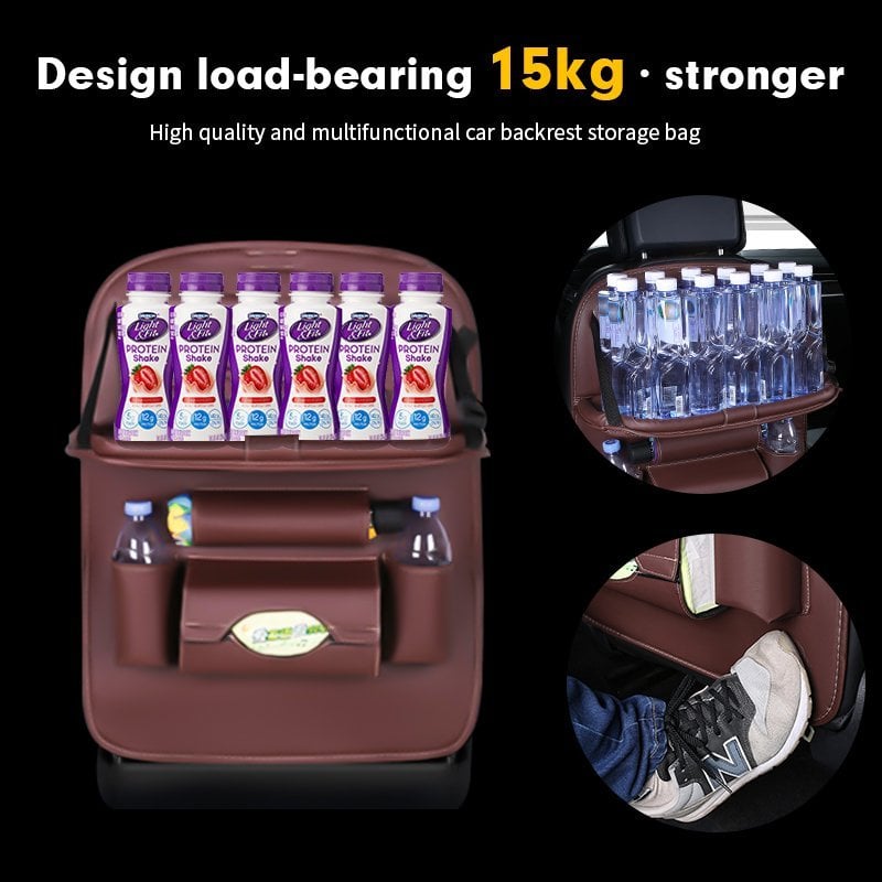 Arenzza car back seat leather organizer with foldable table, featuring multiple storage compartments and a sleek black design.