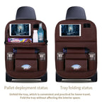 Arenzza car back seat leather organizer with foldable table, designed for storing essentials and providing a convenient table surface.