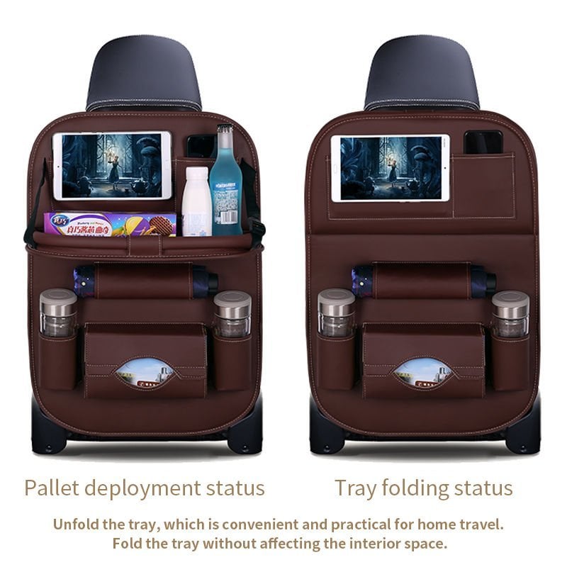 Arenzza car back seat leather organizer with foldable table, designed for storing essentials and providing a convenient table surface.