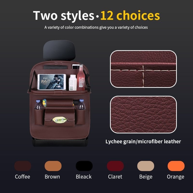 Arenzza car back seat leather organizer with foldable table, storage pockets, and sleek design for vehicle interior organization.