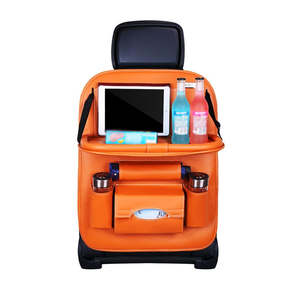 Arenzza car back seat leather organizer with foldable table, multiple storage compartments, and sleek black design for vehicle interior.