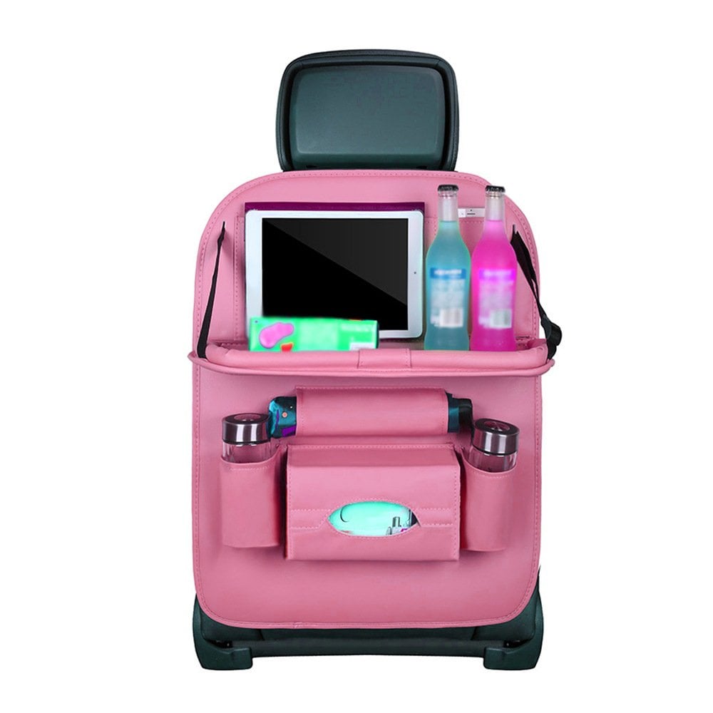 Arenzza car back seat leather organizer with foldable table, featuring multiple storage compartments for car accessories.