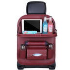 Arenzza car back seat leather organizer with foldable table, storage pockets, and sleek design for vehicle interior organization.