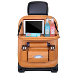 Arenzza car back seat leather organizer with foldable table, multiple storage pockets, designed for vehicle interior organization.