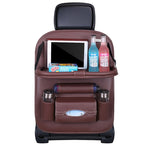 Arenzza car back seat leather organizer with foldable table, multiple compartments, and sleek design for vehicle storage and convenience.